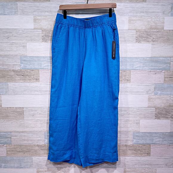 ecru Pants - TAHARI Linen Wide Leg Crop Pants Blue Pull On Elastic Waist Casual Womens Medium